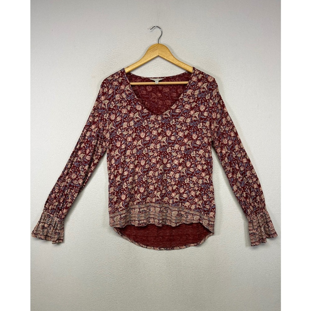 Boho Cottagecore Lucky Brand Women Medium Burgundy Floral V-Neck Bell Sleeve Top